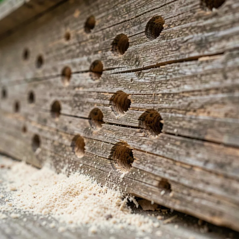 Trous d&rsquo;envol ovales de capricorne et vermoulure fraîche sur une panne de charpente en bois