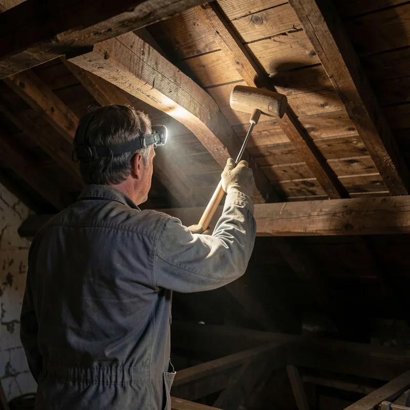Artisan sondant au maillet une panne de charpente dans les combles d&rsquo;un pavillon francilien