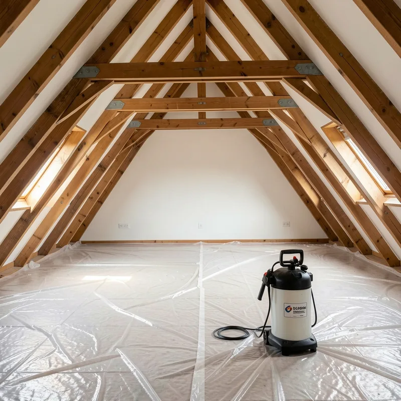 Comble de pavillon vidé et bâché, charpente apparente prête pour un traitement du bois