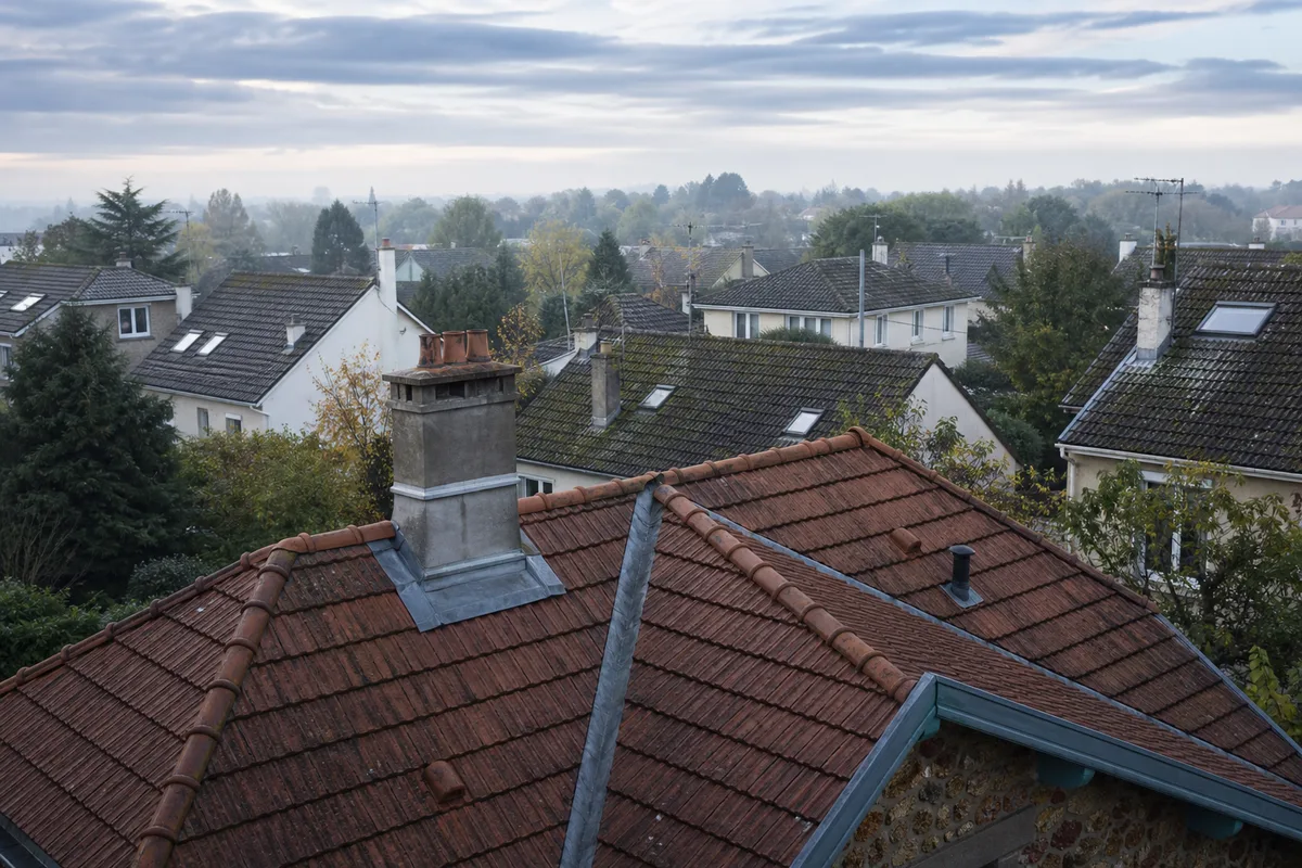 Toits de pavillons en meulière et en tuile béton d&rsquo;un quartier résidentiel du Nord-Essonne