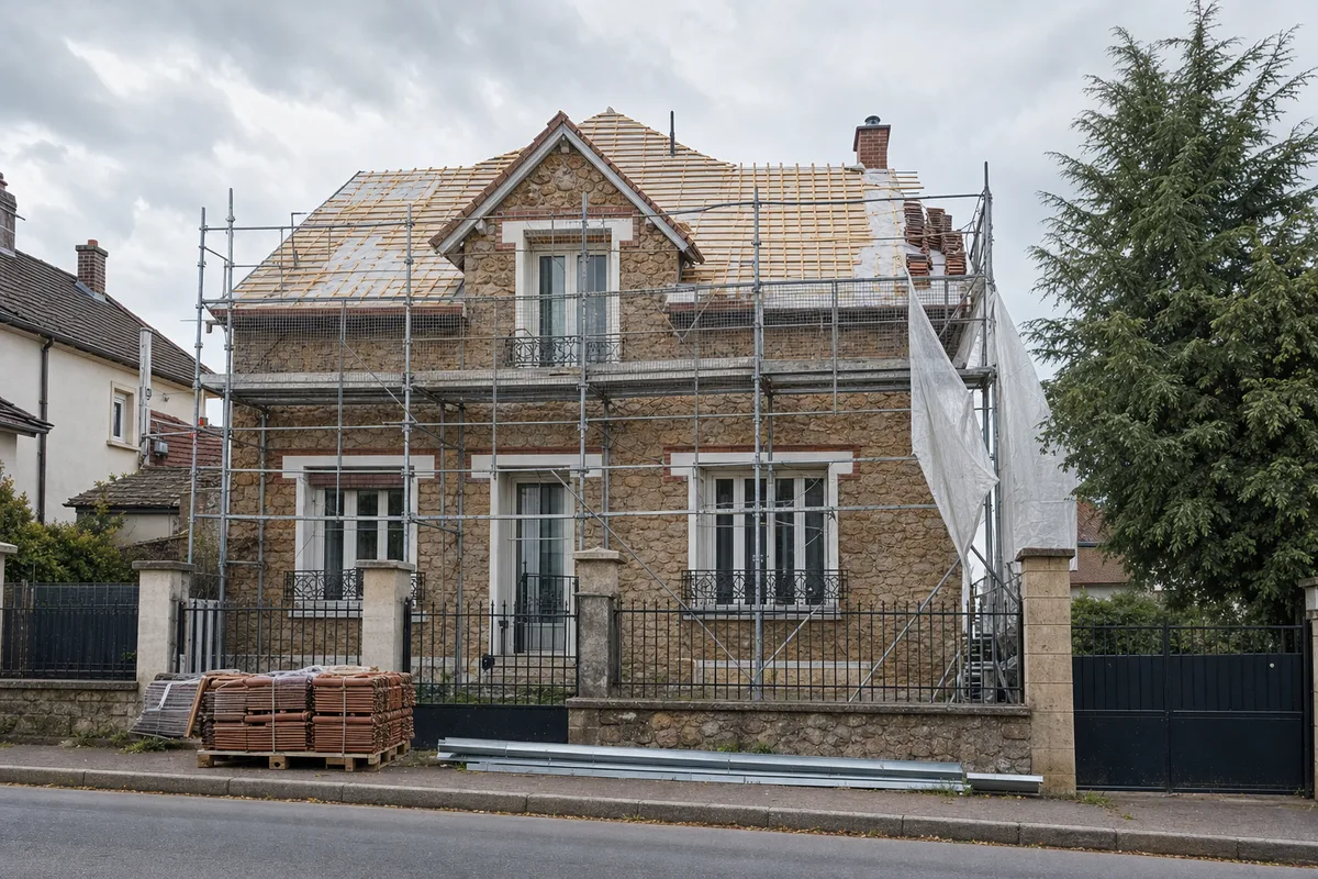 Échafaudage monté devant un pavillon en meulière du Nord-Essonne, chantier de toiture au repos