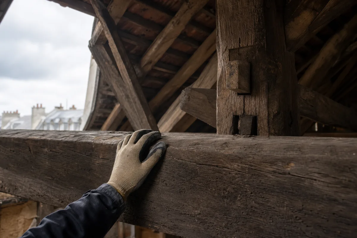 Charpente traditionnelle en bois massif dans les combles d&rsquo;un pavillon en meulière de l&rsquo;Essonne