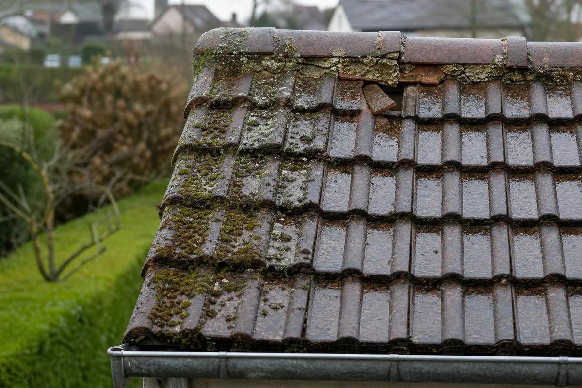 Toiture en tuiles béton d&rsquo;un pavillon des années 1960 à Épinay-sur-Orge, dans la vallée de l&rsquo;Orge