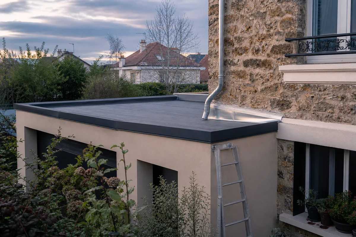 Garage accolé à toit plat et extension d&rsquo;un pavillon francilien, raccord de zinguerie au premier plan