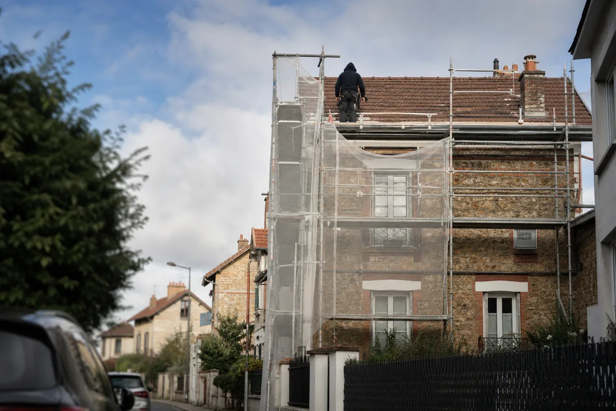 Échafaudage de pied monté contre une façade en meulière dans une rue étroite