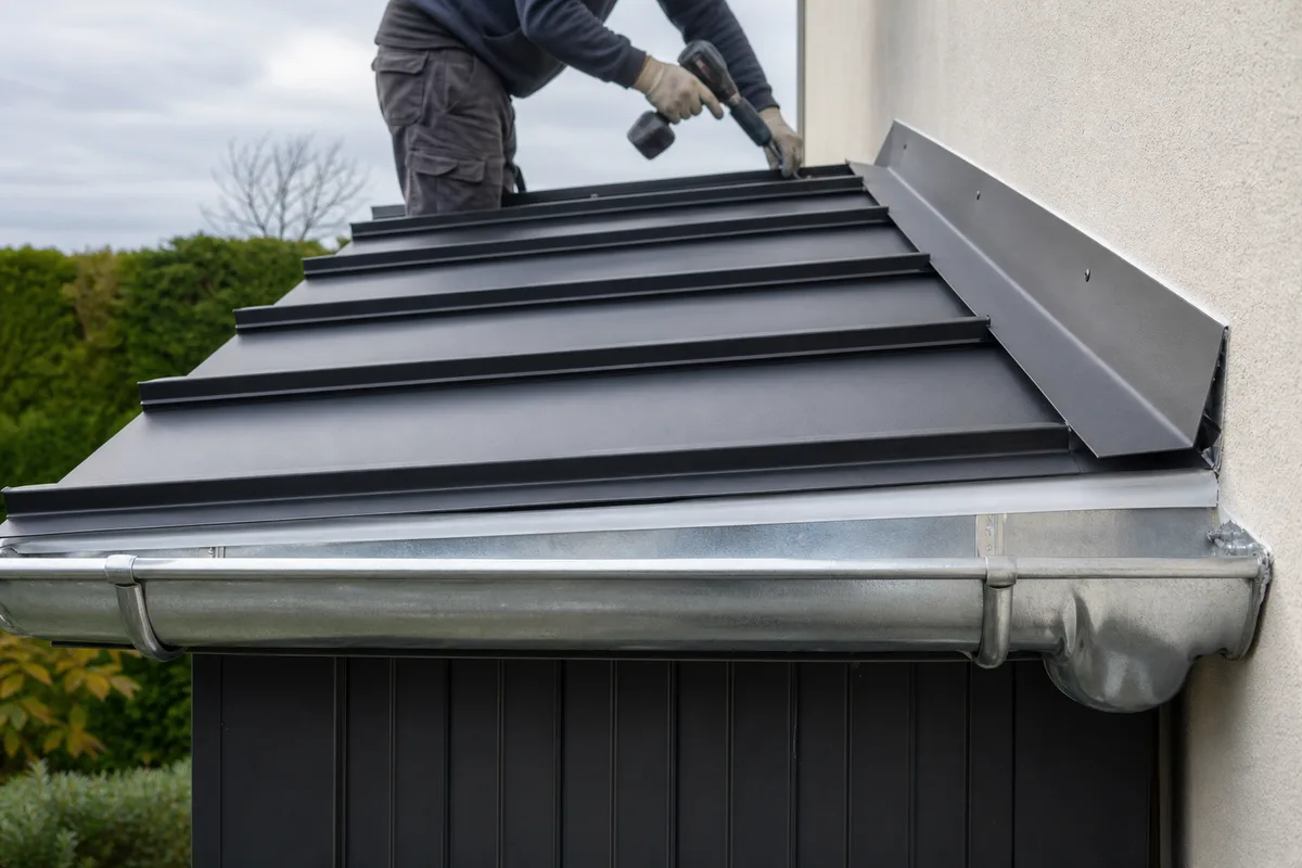 Couverture en bac acier d&rsquo;un garage accolé à un pavillon francilien, raccord de zinguerie et gouttière au premier plan