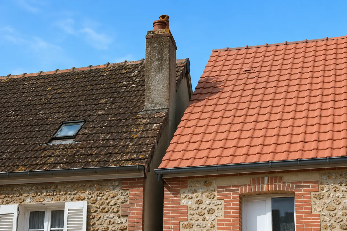 Toitures en tuiles mécaniques de pavillons en meulière à flanc de coteau dans l&rsquo;Essonne