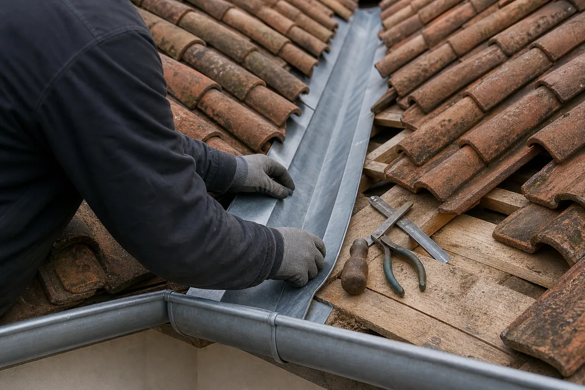 Artisan couvreur reprenant la zinguerie d’une noue sur un toit pavillonnaire de l’Essonne