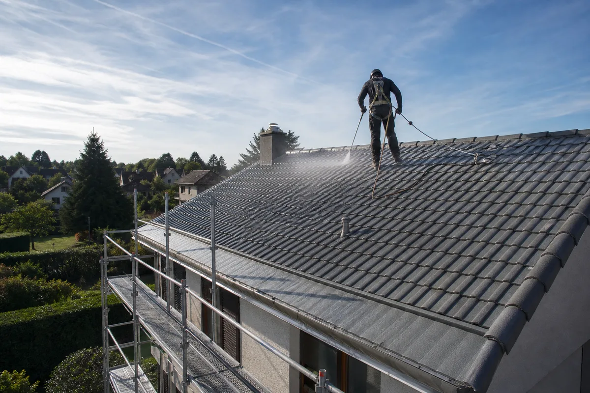 Application d’un traitement hydrofuge au pulvérisateur sur une toiture en tuiles béton fraîchement nettoyée