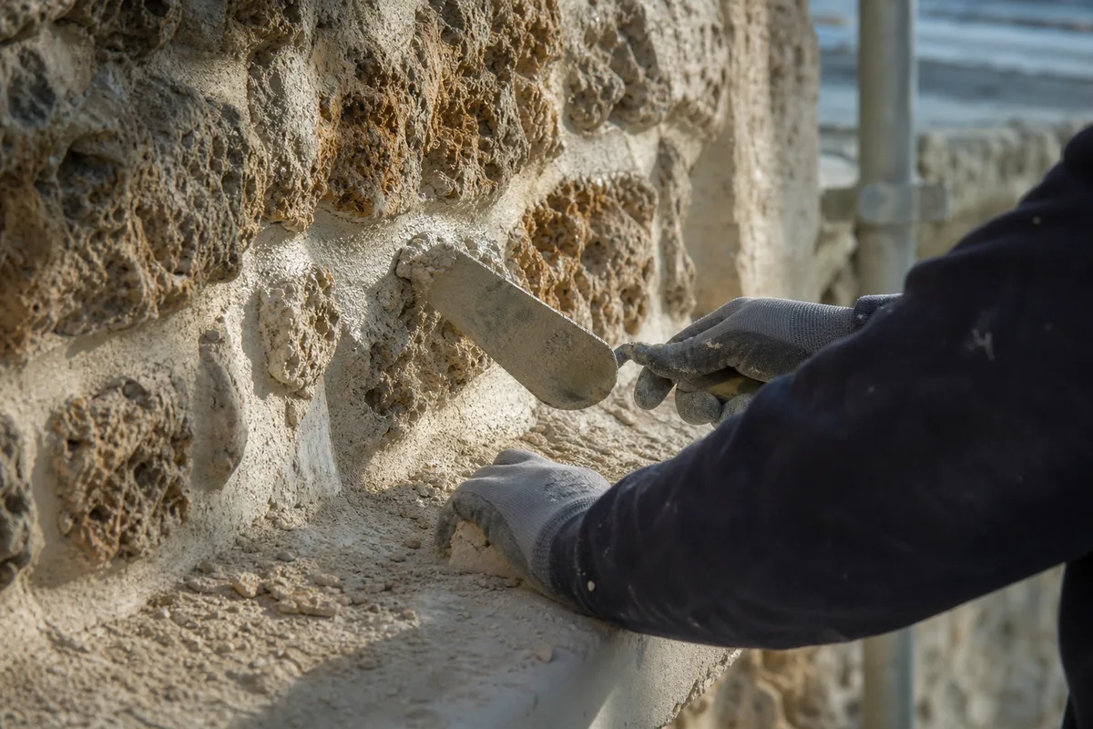 Façade en pierre meulière d’un pavillon du Nord-Essonne avec joints en cours de reprise
