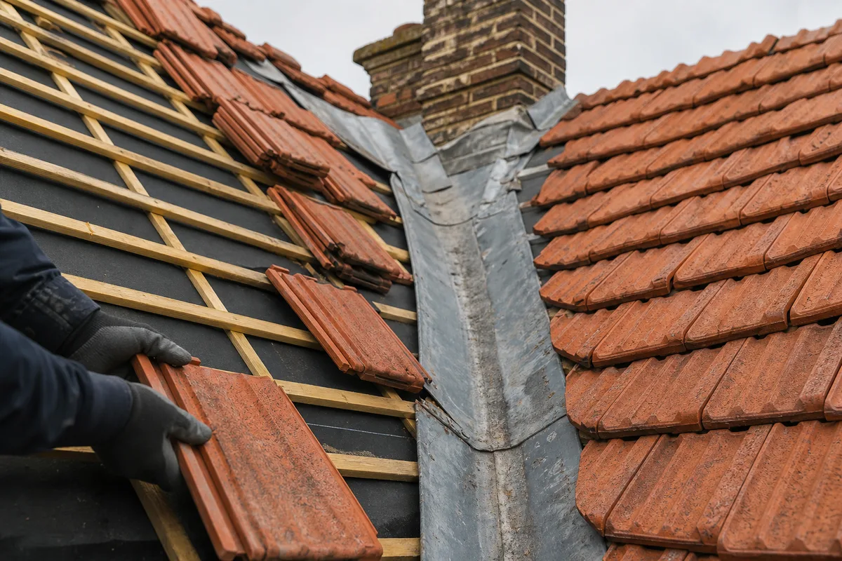 Toiture en tuiles mécaniques d&rsquo;une meulière du Nord-Essonne en cours de rénovation