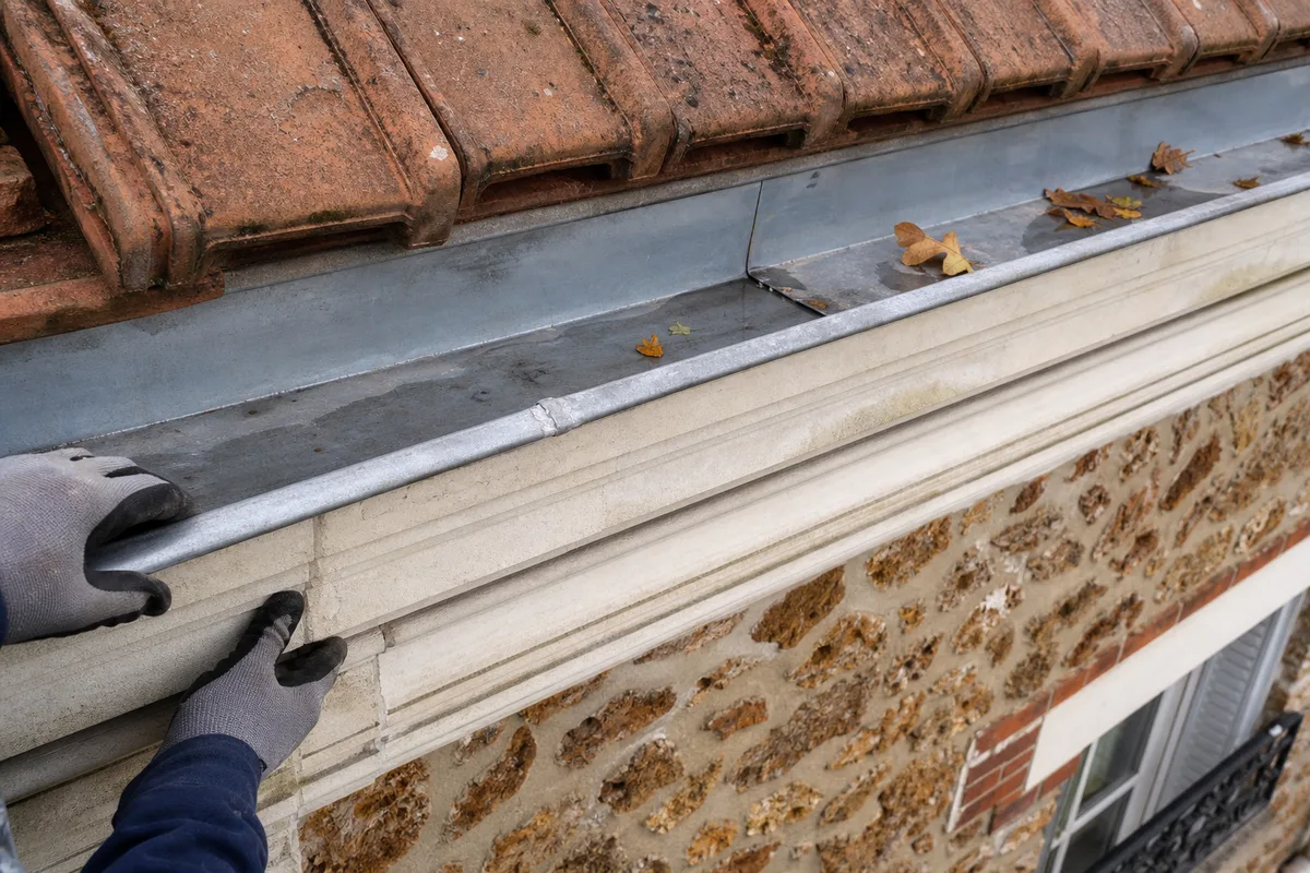Gouttière en zinc et rive de toiture sur un pavillon en meulière du Nord-Essonne