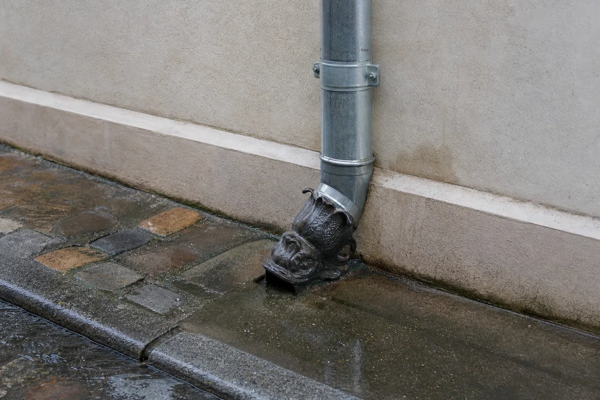 Descente d’eaux pluviales en zinc et dauphin en pied de façade d’une maison de ville francilienne